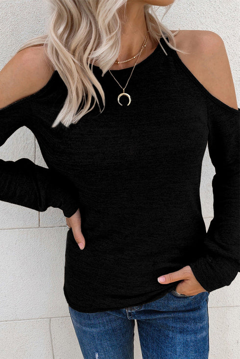Marble Knit Cold Shoulder Long Sleeve Top